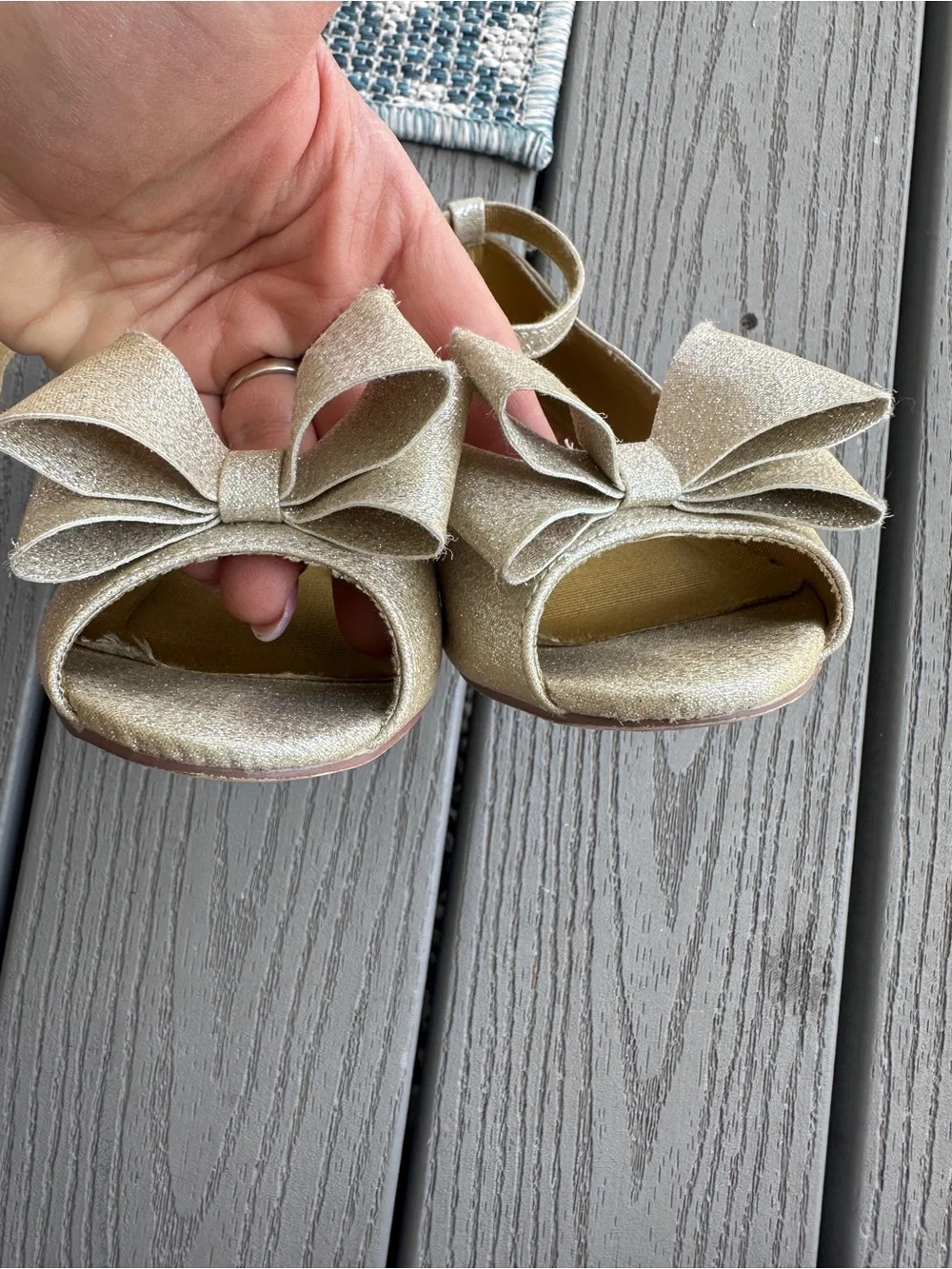 Joyfolie Valeria light Gold Glitter Bow Peep-Toe Ankle Strap Heels